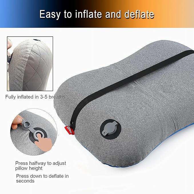 Portable Inflatable Neck Pillow for Outdoor Travel, Camping, Office Naps-Polyester + Washable Cotton-Color Available-Simple and Comfortable (Green, 18.1 * 12.6 * 4.7in)