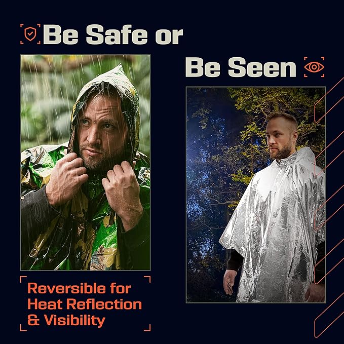 PREPARED4X Emergency Rain Poncho with Mylar Blanket Liner - Survival Blankets for Car - Heavy Duty, Waterproof Camping Gear