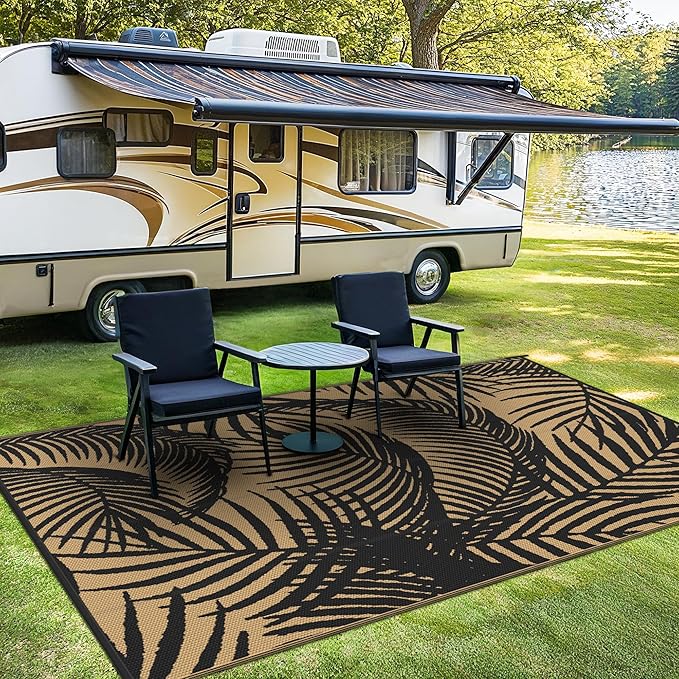 GENIMO Outdoor Rug 9' x 12' Waterproof for Patio Clearance, Reversible Plastic Straw Camping Carpet, Lightweight Mats for Rv, Backyard, Deck, Porch, Picnic, Beach, Balcony, Black & Brown