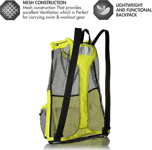 TYR Big Mesh Mummy Backpack for Wet Swimming, Gym, and Workout Gear, Yellow