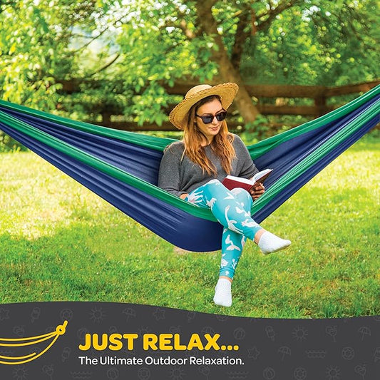 Durable Hammock 400 lb Capacity, Nylon Camping Hammock Chair - Double or Single Sizes w/Tree Straps and Attached Carry Bag - Portable for Travel/Backpacking/Beach/Backyard (Medium, Yellow & Blue)