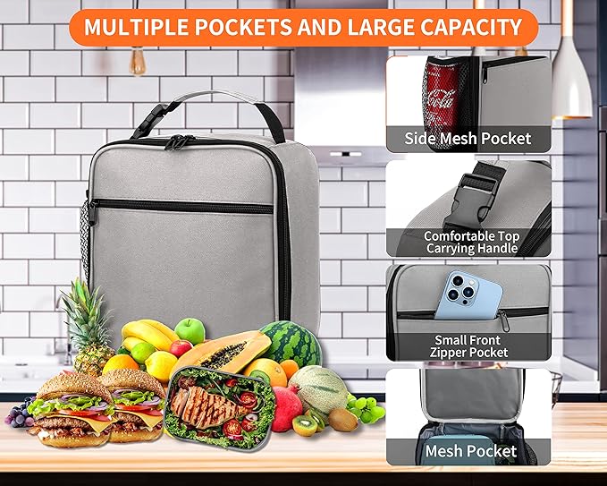 Lunch Box for Men - Reusable Lunch Bag Men Adult Women- Insulated Small LunchBox (Light Gray)