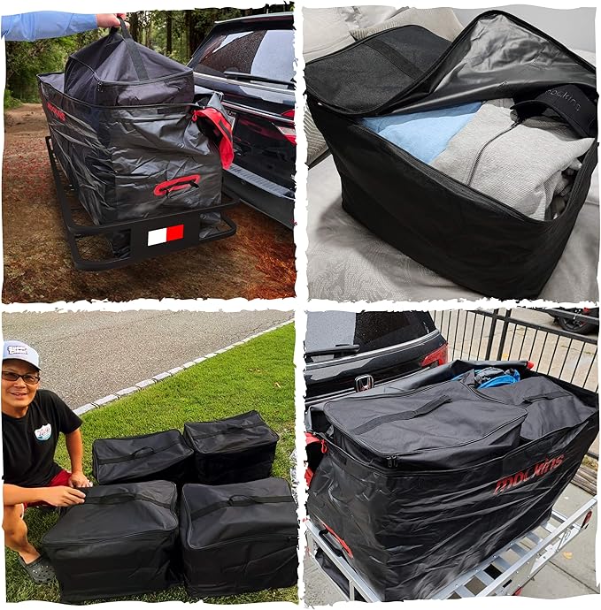 Mockins 48"x18"x6" Heavy Duty Trailer Hitch Cargo Carrier & 15CuFt Waterproof Cargo Bag for Hitch Carrier w/ 4 Packing Cubes | Folding Luggage Rack for SUV/Car & Cargo Carrier Hitch Mount Accessories