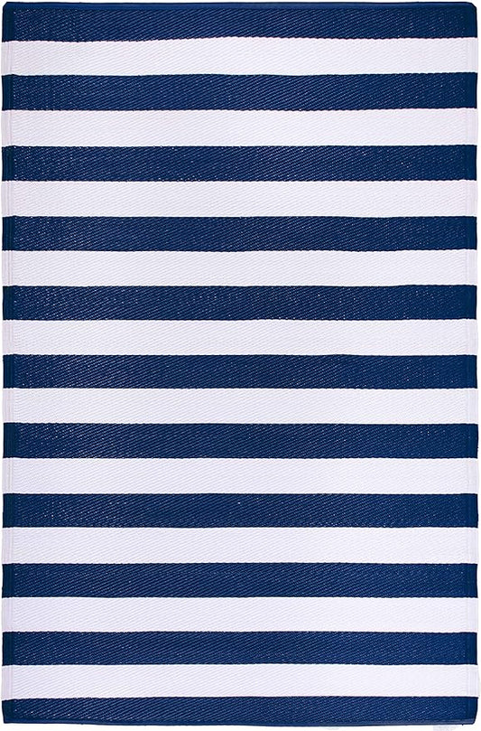 FH Home Outdoor Rug - Waterproof, Fade Resistant, Reversible - Premium Recycled Plastic - Striped - Patio, Deck, Porch, Balcony, Laundry Room - Brittany Stripe - Blue & White Crease Free - 4 x 6 ft