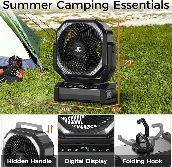 Camping Fan with Light - 20000mAh Rechargeable Battery Fan, 112Hrs Max Run Time, 9 Speeds, Digital Display, Timer, Auto Oscillation, 270° Pivot & Hook for Camping, Power Outage, Hurricane (Black)