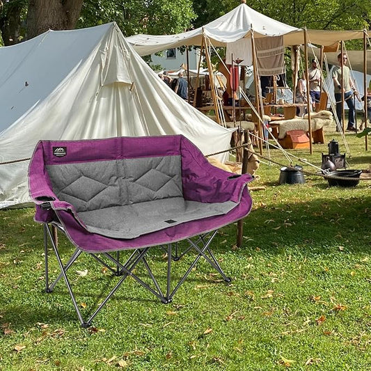 Folding Loveseat Camping Chair,Portable Double Chair w/Cup Holder,Wine Glass Holder,Carry Bag Heavy Duty Lawn Chair for 2 Adults,Perfect for Camp,Hiking,Picnics and Beach Trips,Purple