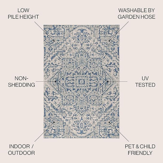JONATHAN Y SMB105B-8R Estrella Bohemian Medallion Textured Weave Indoor/Outdoor Area Rug, Coastal, Traditional, Vintage for Bedroom, Kitchen, Living Room, Easy-Cleaning, Navy/Gray, 8' Round