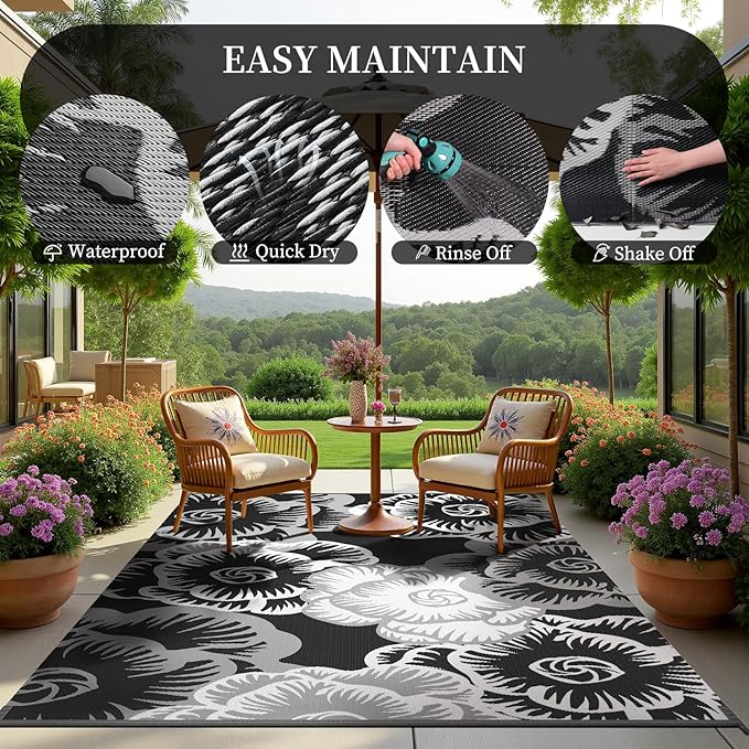 MontVoo Outdoor Rug-Waterproof Camping Rug Patio Rug Mat 6x9 ft Reversible Plastic Straw Outside Outdoor Rug for RV Camping Picnic Beach Balcony Backyard Pool Deck Porch Farmhouse Floral Black