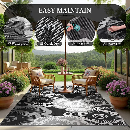 MontVoo Outdoor Rug-Waterproof Camping Rug Patio Rug Mat 6x9 ft Reversible Plastic Straw Outside Outdoor Rug for RV Camping Picnic Beach Balcony Backyard Pool Deck Porch Farmhouse Floral Black