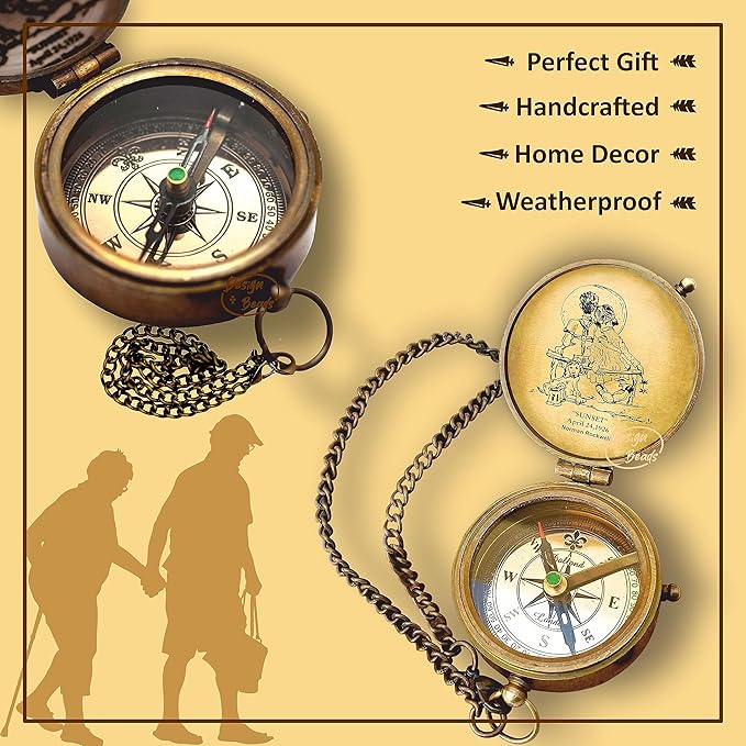 DB Grow Old Along with me Engraved Compass with Norman Rockwell Sunset Engraving, Anniversary Compass Gift for Him or Her Valentine Gift, Birthday, Long Distance, Love, Sorry
