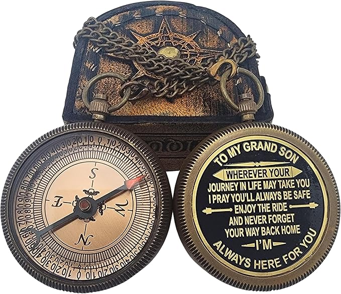 to My Grand Son Engraved Compass with Authentic Leather Case Brass Compass Directional Compass, Baptism Gifts for Boys & Girls, First Communion (BLC3)
