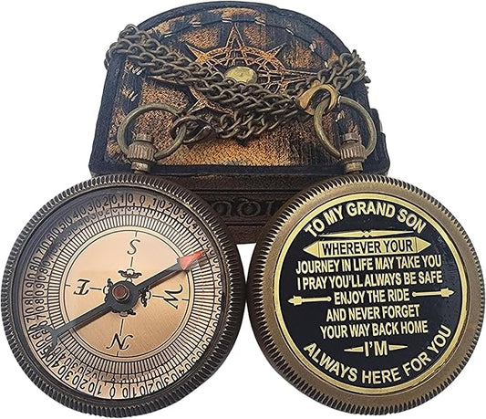 to My Grand Son Engraved Compass with Authentic Leather Case Brass Compass Directional Compass, Baptism Gifts for Boys & Girls, First Communion (BLC3)