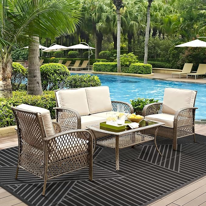 GENIMO Outdoor Rug 5'x8' for Patio Waterproof Clearance, Reversible Outdoor Plastic Straw Rug, Lightweight Carpet Camping Mat for Rv, Camper, Picnic, Balcony, Backyard, Deck, Porch, Black & Gray