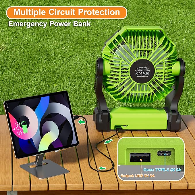 Battery Powered Fan -Camping Fan with Led Lantern, 12000mAh Portable Rechargeable, Battery Operated for Tent, Hook 4 Speed Quiet Personal for Desk, Travel, Fishing, Power Outage, Hurricane-Green
