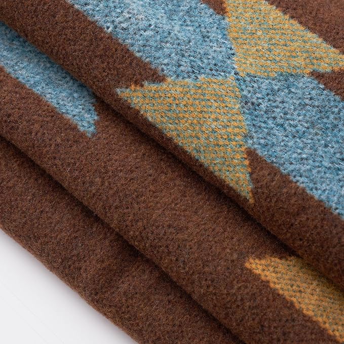 PuTian Merino Wool Blanket - Large Warm Soft Washable Camp Blanket Throw for Bed Couch Camping Outdoor Travel Emergency, Brown Geometry