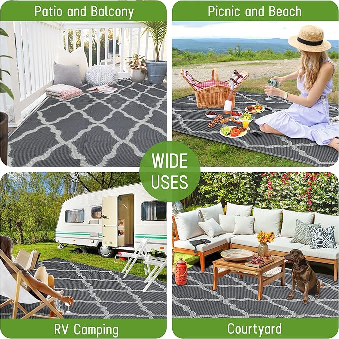 Easy-Going Reversible Outdoor Rugs 6x9ft Waterproof Plastic Straw Rug Stain & UV Resistant Floor Mat for Patio Porch RV Backyard Pool Deck Picnic Beach Trailer Camping (Moroccan Grey & Light Grey)