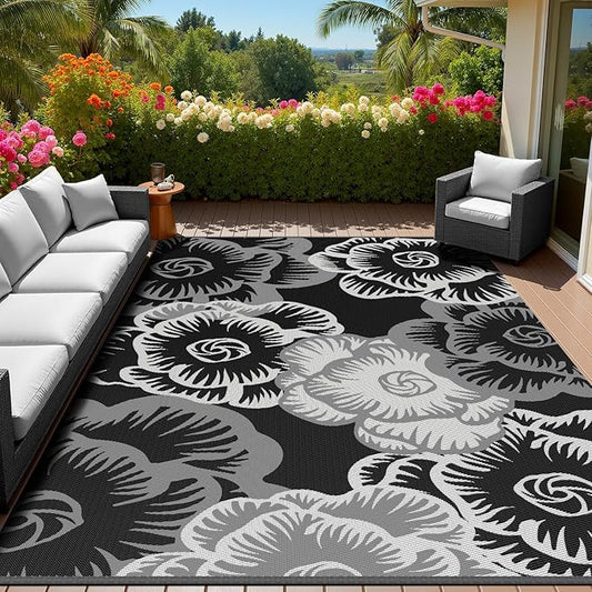 MontVoo Outdoor Rug-Waterproof Camping Rug Patio Rug Mat 6x9 ft Reversible Plastic Straw Outside Outdoor Rug for RV Camping Picnic Beach Balcony Backyard Pool Deck Porch Farmhouse Floral Black