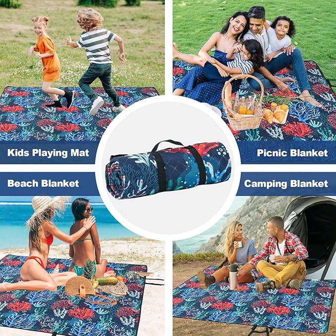 PY SUPER MODE Picnic Blankets Extra Large, Waterproof Foldable Outdoor Beach Blanket Oversized 83x79” Sandproof, 3-Layer Picnic Mat for Camping, Hiking, Travel, Park, Concerts-Sea World