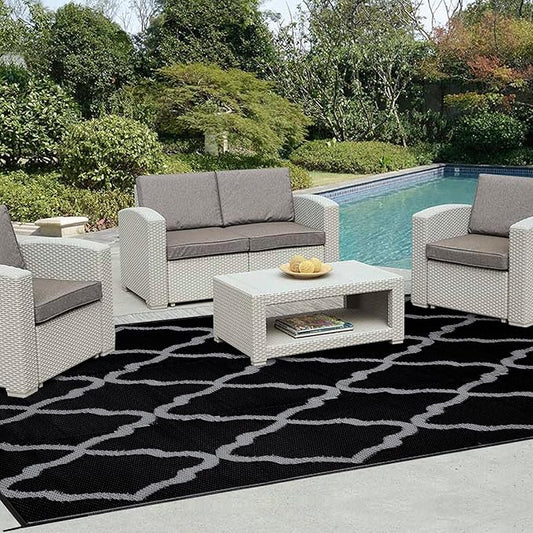 Easy-Going Reversible Outdoor Rugs 6x9ft Waterproof Plastic Straw Rug Stain & UV Resistant Floor Mat for Patio Porch RV Backyard Pool Deck Picnic Beach Trailer Camping (Moroccan Black & Light Grey)