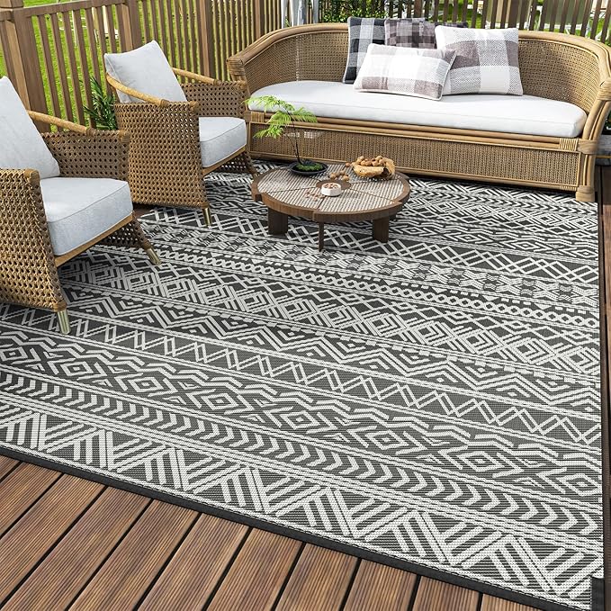MontVoo Outdoor Rug Carpet Waterproof 9x18 Outdoor Patio Rug Mat Reverisble Plastic Straw Outdoor Rug for RV Camping Picnic Beach Balcony Boho Grey Large