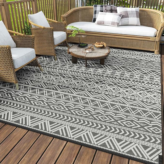 MontVoo Outdoor Rug Carpet Waterproof 9x18 Outdoor Patio Rug Mat Reverisble Plastic Straw Outdoor Rug for RV Camping Picnic Beach Balcony Boho Grey Large