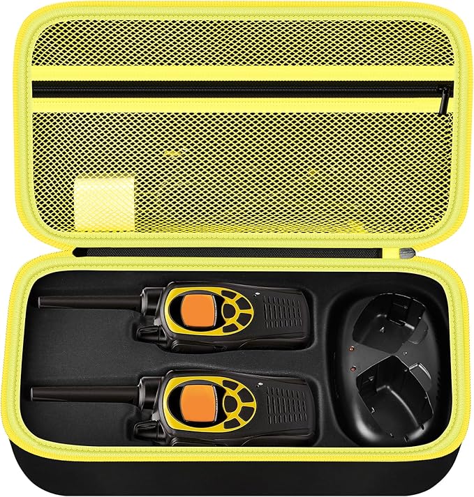ANKHOH Walkie Talkie Case Holder for 50 Channel GMRS Two-Way Radio, Long Range Handheld Mobile Radios Hard Storage Carrying Box for Rechargeable Batteries, Charger and Headset,Black-Yellow(Bag Only)