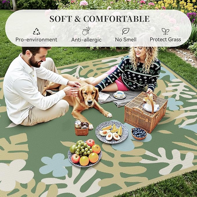 MontVoo Outdoor Rug Waterproof 6x9 ft RV Outdoor Rug for Camping Picnic Mat Outdoor Patio Rug Carpet Plastic Straw Reversible Floral Green Yellow