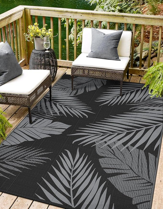 Outdoor Rug 6' x 9' for Patio Waterproof Clearance, Reversible Indoor Outdoor Plastic Straw Camping Rug Carpet, RV Mat, Large Area Rug for Deck, Backyard, Balcony, Porch, Beach, Black and Grey