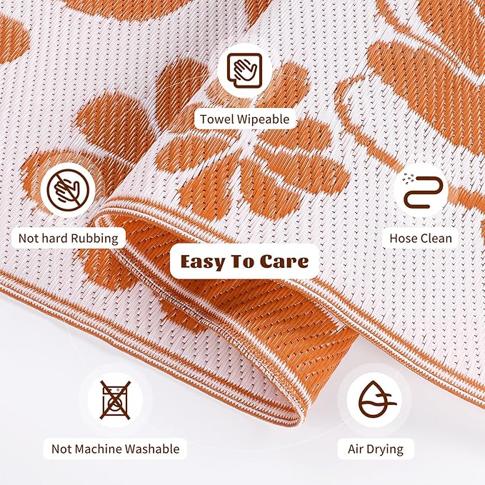 Ileading Round Outdoor Plastic Straw Rug 6ft Funny Floral Style Reversible Patio Area Rugs Waterproof Non Shedding Portable Carpets for Rv Outside Deck Pool Beach Picnic Camping (Orange)