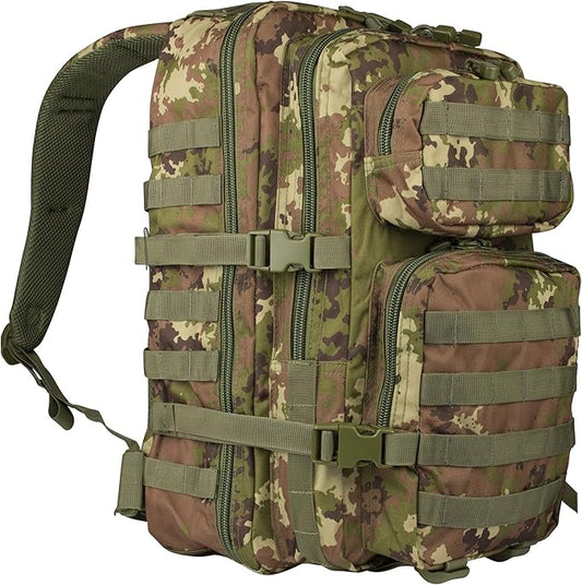 Mil-Tec Unisex Assault Pack - Rugged Durable Lightweight Ergonomic Versatile Tactical Outdoor Camping Hiking Backpack with Adjustable Padded Shoulder Straps & MOLLE Loops, Vegetato Woodland Camo, 20L