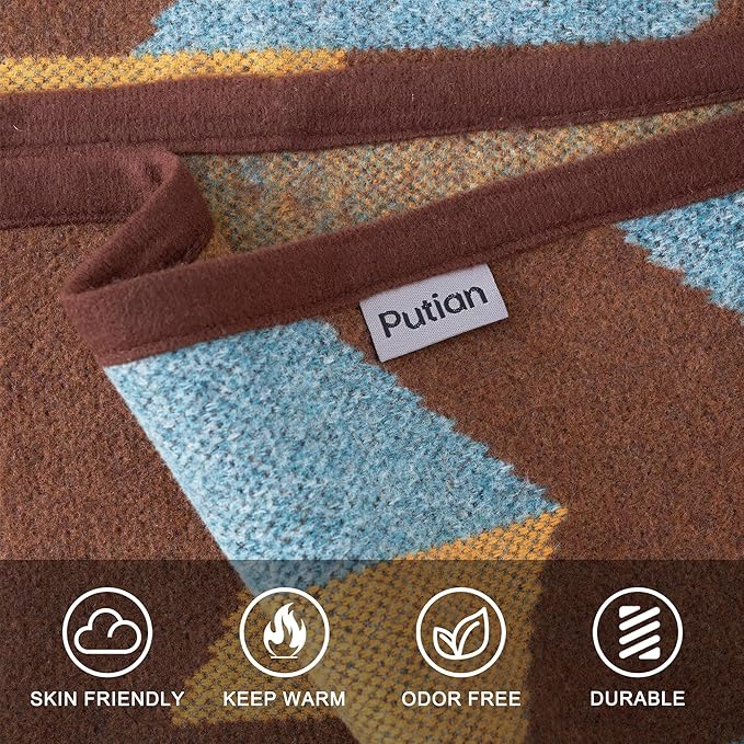 PuTian Merino Wool Blanket - Large Warm Soft Washable Camp Blanket Throw for Bed Couch Camping Outdoor Travel Emergency, Brown Geometry