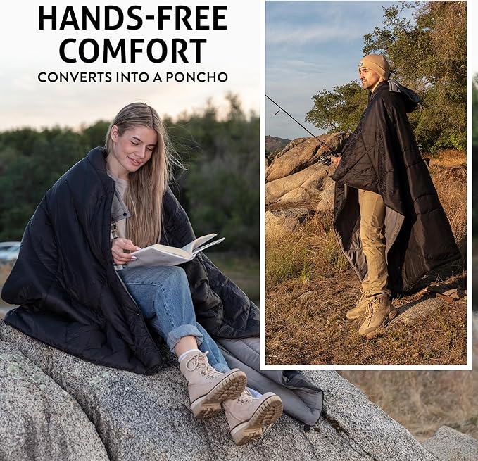 Waterproof Camping Blanket Large - Lightweight Backpacking Outdoor Travel Blanket With Detachable Hood & Carry Bag - Insulated Down Blanket & Warm Quilt for Camping, Hiking, Picnic, Stadium & festival
