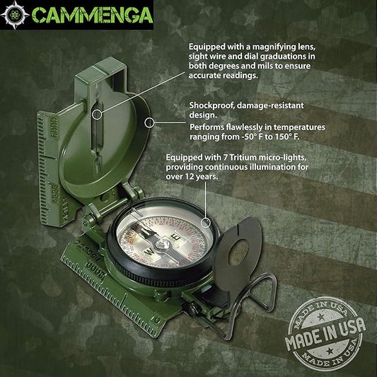 Cammenga Official US Military Tritium Lensatic Compass, Accurate Waterproof Hand Held Compasses with Pouch for Hiking Camping Navigation Survival Backpacking Orienteering