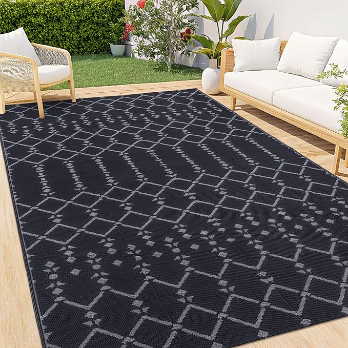 Smiry Outdoor Rug 6x9 ft, Waterproof Reversible Plastic Straw Rugs, Boho Outdoor Area Rug, Outside Floor Mat for Patio, Backyard, Deck, Picnic, Beach, Camping, Dark Grey
