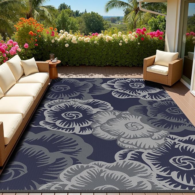 MontVoo Outdoor Rug 8x10 Waterproof Patio Rug-Outdoor Carpet Mat Reversible Plastic Straw Outside Outdoor Rug for RV Camping Picnic Beach Balcony Backyard Pool Deck Farmhouse Floral Navy Blue