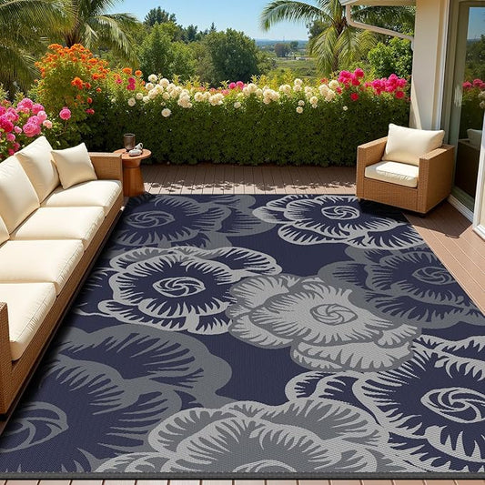 MontVoo Outdoor Rug 8x10 Waterproof Patio Rug-Outdoor Carpet Mat Reversible Plastic Straw Outside Outdoor Rug for RV Camping Picnic Beach Balcony Backyard Pool Deck Farmhouse Floral Navy Blue