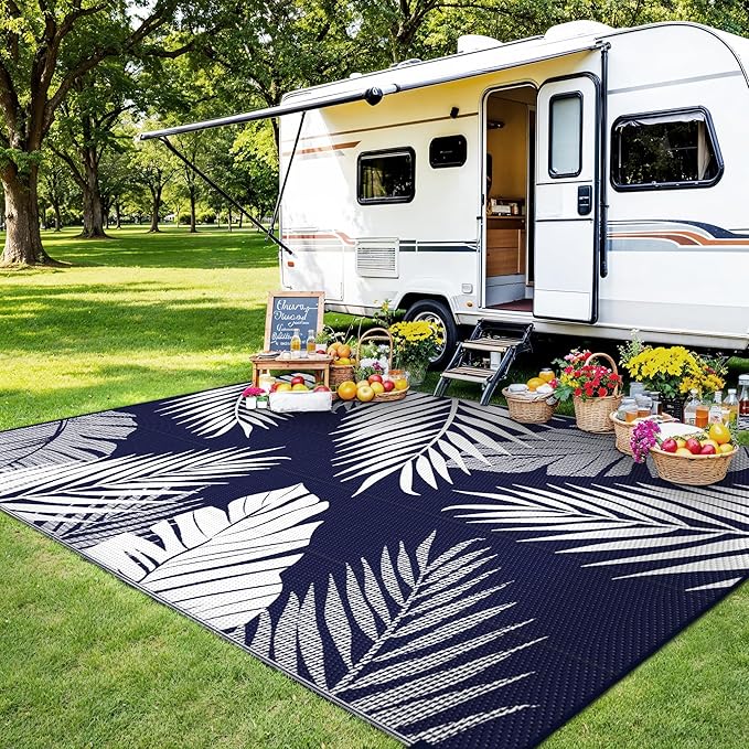 Outdoor Rug 5' x 8' for Patio Waterproof Clearance, Reversible Indoor Outdoor Plastic Straw Camping Rug Carpet, RV Mat, Large Area Rug for Deck, Backyard, Balcony, Porch, Navy Blue and White
