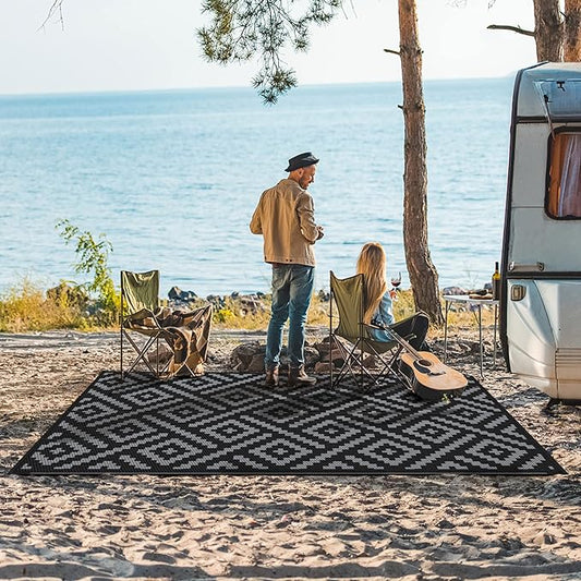 GENIMO Outdoor Rugs 8x10 Waterproof, Reversible Mats, Area Plastic Straw Rug, Outside Carpet, Geometric Rv Mat for Patio Camping Rv Picnic Backyard Deck Balcony Porch Beach Trailer (Black & Grey)