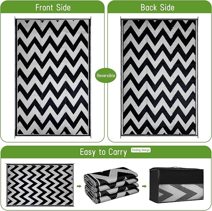Easy-Going Reversible Outdoor Rugs 9x12ft Waterproof Plastic Straw Rug Stain & UV Resistant Floor Mat for Patio Porch RV Backyard Pool Deck Picnic Beach Trailer Camping (Waved Black & Light Grey)