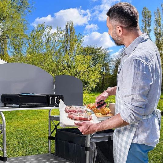 Camping Kitchen Table, Portable Aluminum Outdoor Cooking Station with 2 Storage Cupboards & Carrying Bag, Outdoor Cooking Table for BBQ Beach RV Traveling Picnic (Silver)
