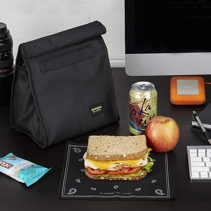 Insulated Lunch Bag for Men and Women - Rolltop Lunch Box with 2 Side Mesh Pockets and 1 Exteral Slip Pocket (Black)