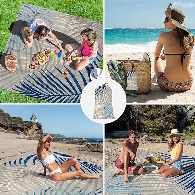 Extra Large Tropical Beach Blanket Waterproof Sandproof, Palm Leaf Design Beach Mat for 4 Adults w/Stakes & Sand Pockets, Lightweight Outdoor Blanket for Camping, Hiking Vacation Essentials