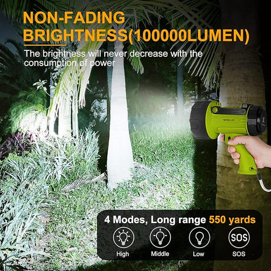 YIERBLUE Rechargeable Spotlight Flashlight with 1000,000 Lumen LED, IP67 Waterproof Long Running Spot Light searchlight, Impact Resistant Handheld Spotlight with Foldable Stand and Detachable Red Lens