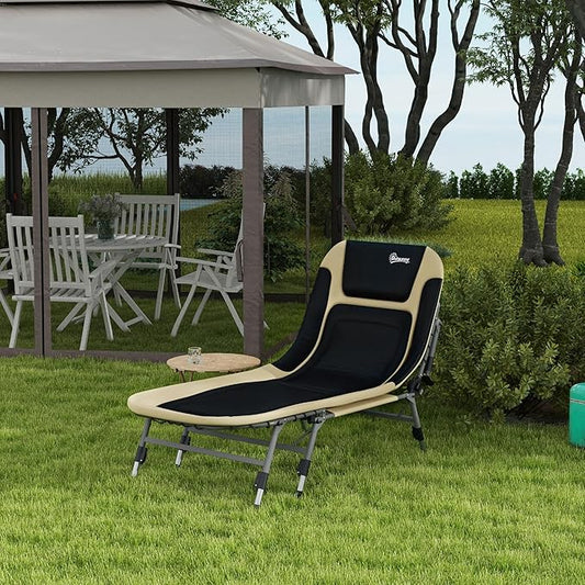 Outsunny Camping Cot for Adults, Folding Bed with Soft Padded Cushions & Headrest, 180° Adjustable Reclining Lounger, Heavy Duty and Portable with a 400 lbs. Capacity, Cream White