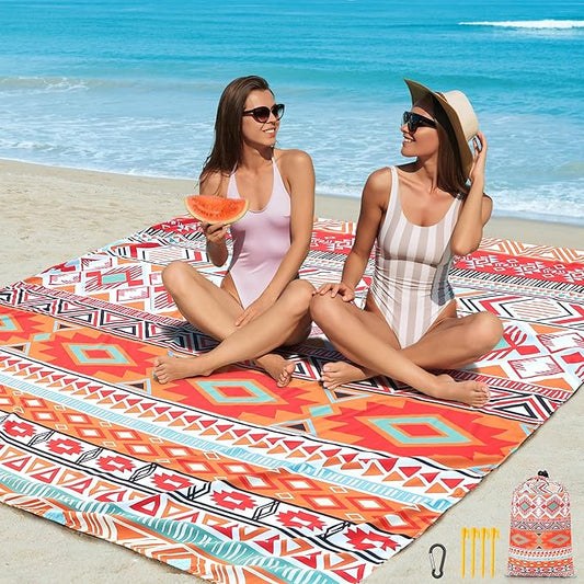 Beach Blanket, Sandproof Beach Mat, Waterproof Quick Drying Lightweight Outdoor Aztec Picnic Mat 79" X 83" for 2-4 Adults with Pocket for Travel, Camping, Hiking