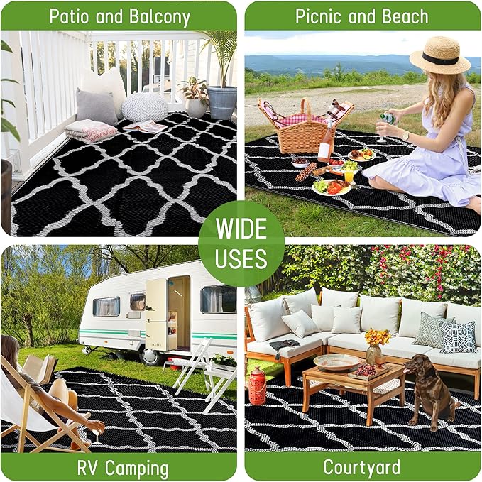 Easy-Going Reversible Outdoor Rugs 4x6ft Waterproof Plastic Straw Rug Stain & UV Resistant Floor Mat for Patio Porch RV Backyard Pool Deck Picnic Beach Trailer Camping (Moroccan Black & Light Grey)