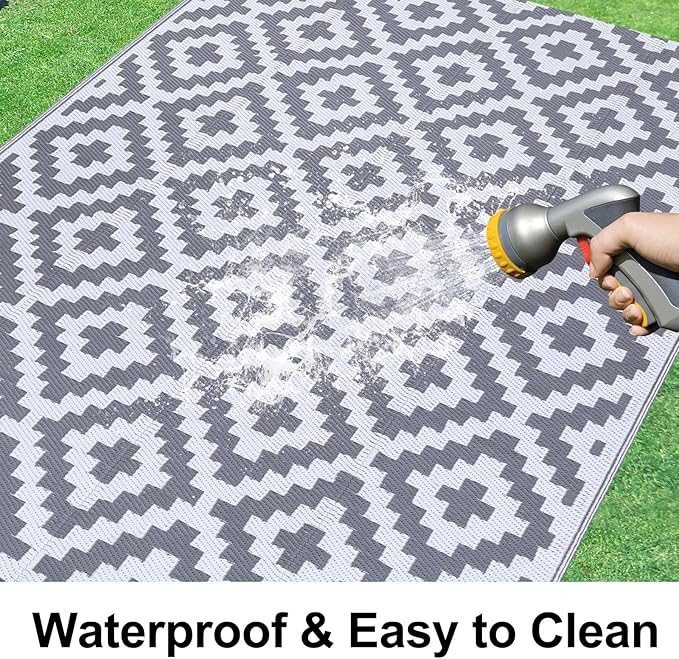 Smiry Waterproof Outdoor Rug 8x10 ft, Reversible Plastic Straw Patio Camping Rugs, Outdoor Indoor RV Mat Carpet for Patio, Outside Entry, Backyard, Deck, Bench, Picnic, Camper, White & Grey