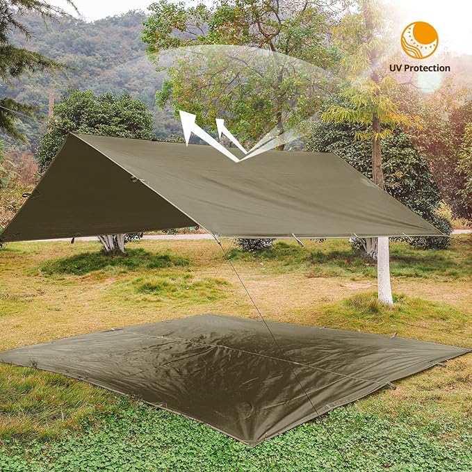 FREE SOLDIER Olive-Green 10x10.5ft Waterproof UV Protection Camping Tarp Shelter with Tent, Stakes, Ropes