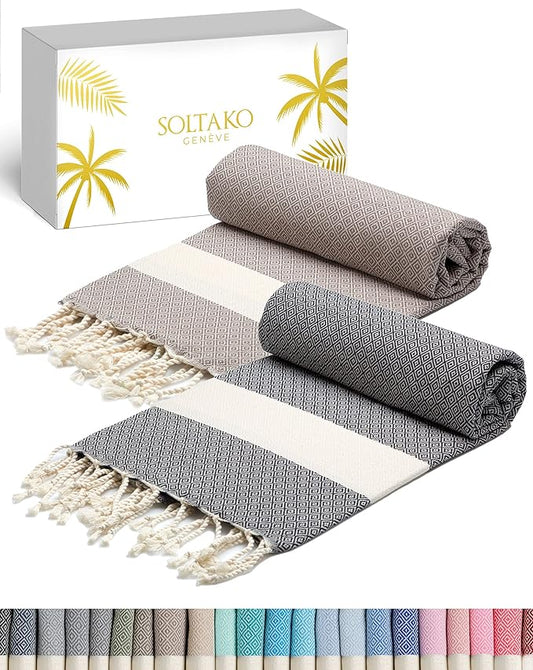 SOLTAKO XXL 2X Turkish Beach Towels - Quick Dry - Sand Free - Oversized Fouta Peshtemal - 100% Cotton - Hand Woven Bath Towel - Light Blanket Camping Sauna Yoga - Gift Set 78"x40"