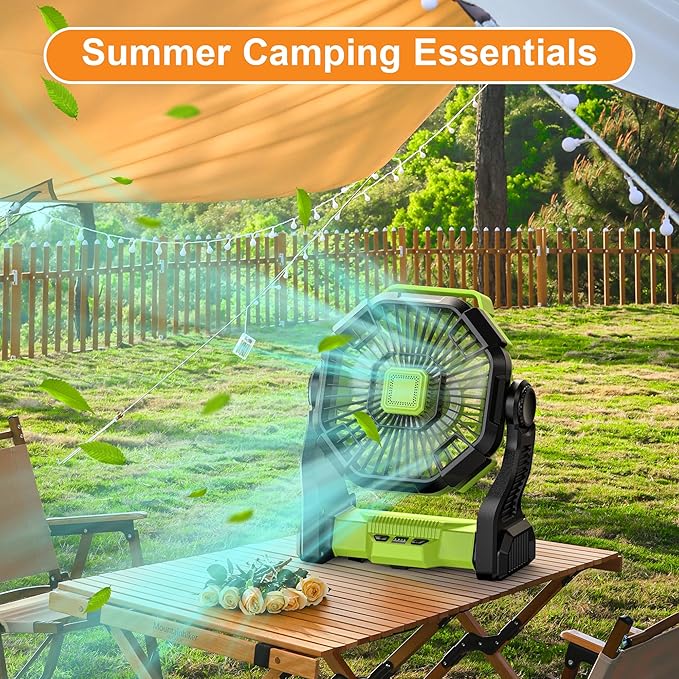 Battery Powered Fan -Camping Fan with Led Lantern, 12000mAh Portable Rechargeable, Battery Operated for Tent, Hook 4 Speed Quiet Personal for Desk, Travel, Fishing, Power Outage, Hurricane-Green